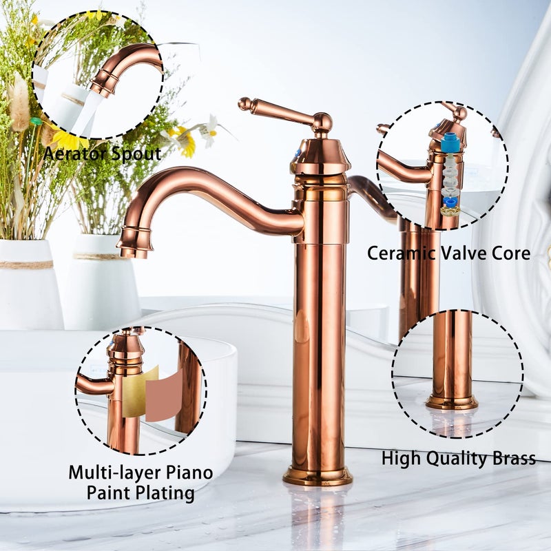 GGStudy Tall Body Single Handle One Hole Bathroom Vessel Sink Faucets Copper Finish with Pop Up Drian Without Overflow - Image 4